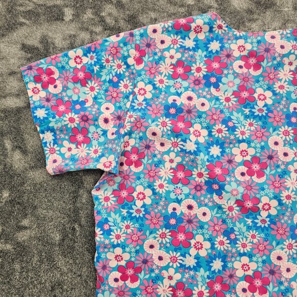 Ready 2 Wear Medical Scrub top womens large blue pink floral print nurse SS - Picture 12 of 15